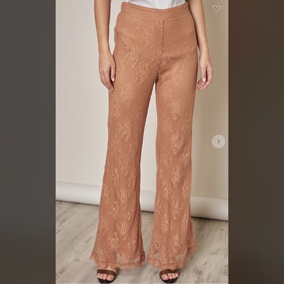 Carmel Floral Lace V Neck Babydoll Top + High Waist Flare Pants Matching Set - Picture 9 of 10